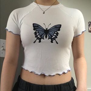white and blue urban outfitters butterfly crop top